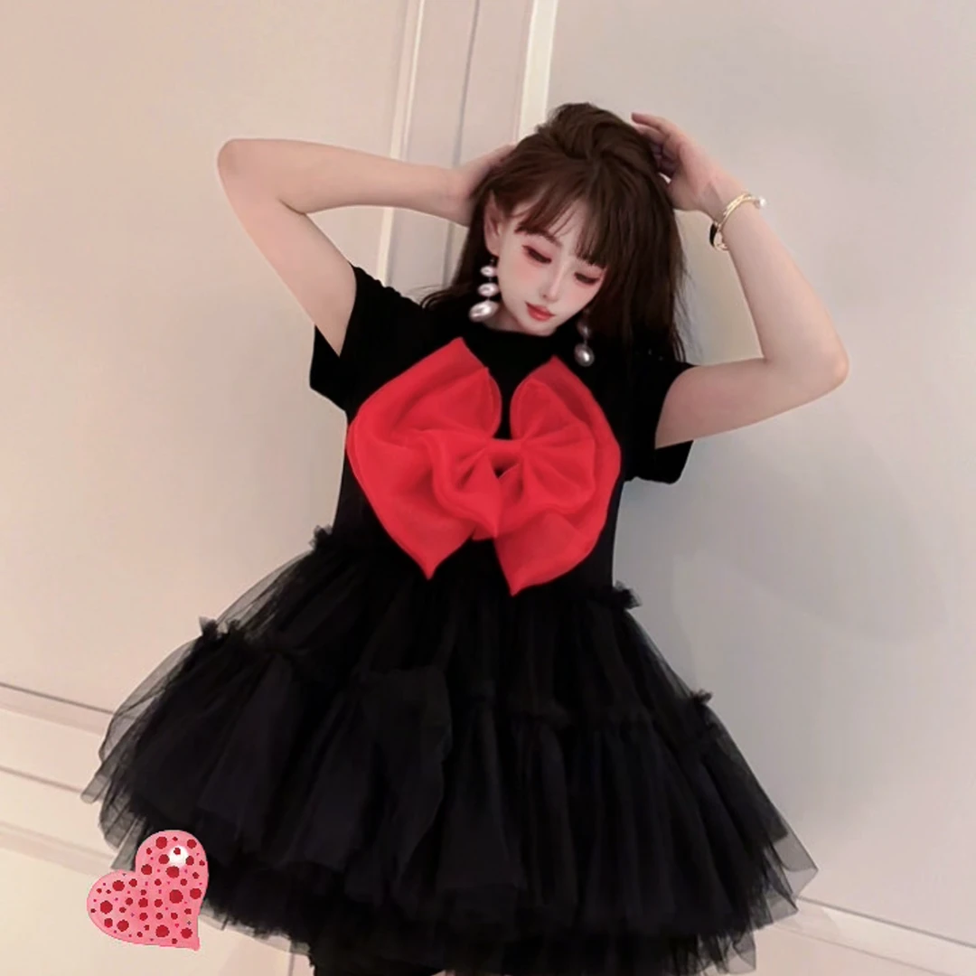 0042【熙妮潮牌】潮牌设计师私人定制显瘦T恤简约蝴蝶结拼纱裙甜美