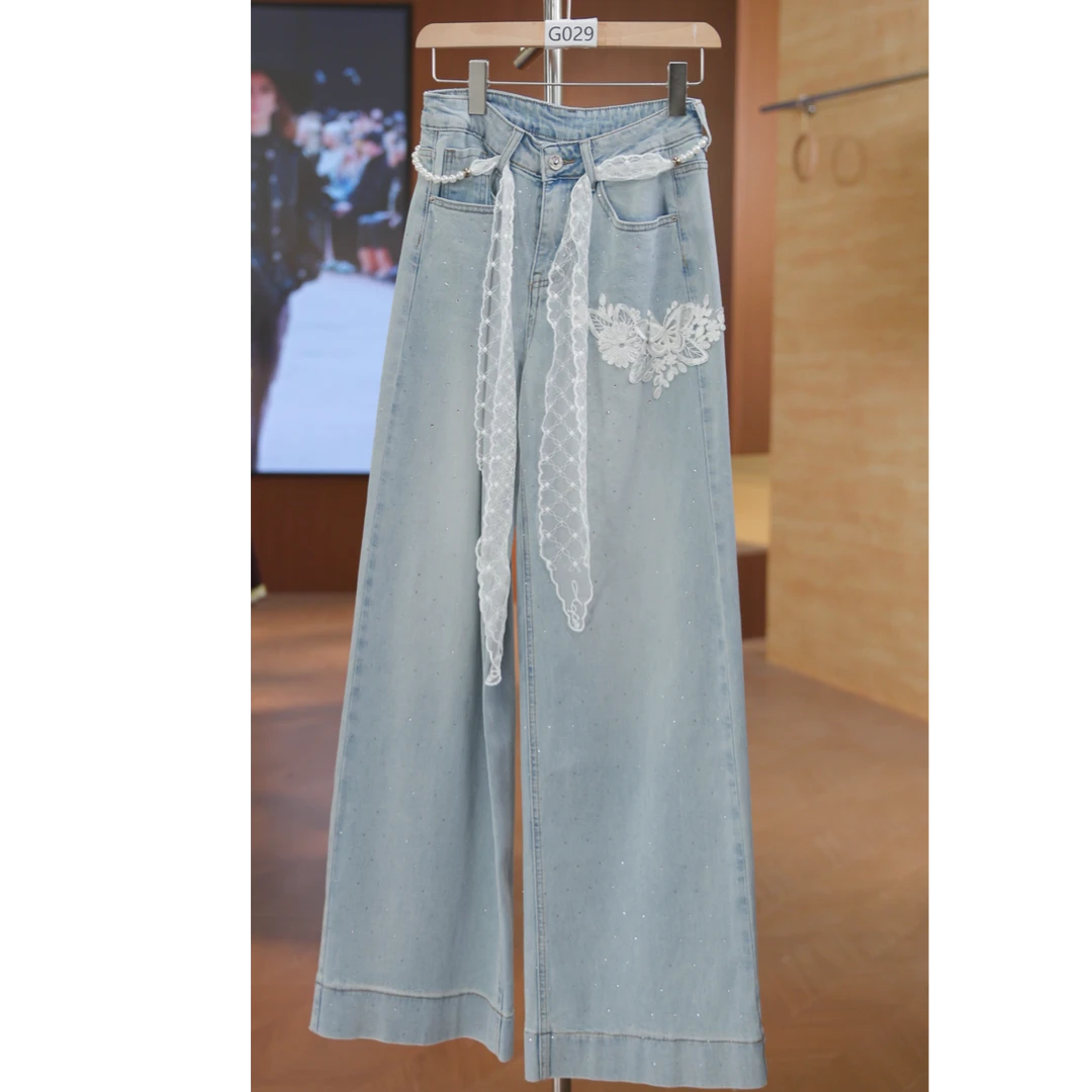 G029牛仔高腰夏季复古宽松中式中国风绣花1.3