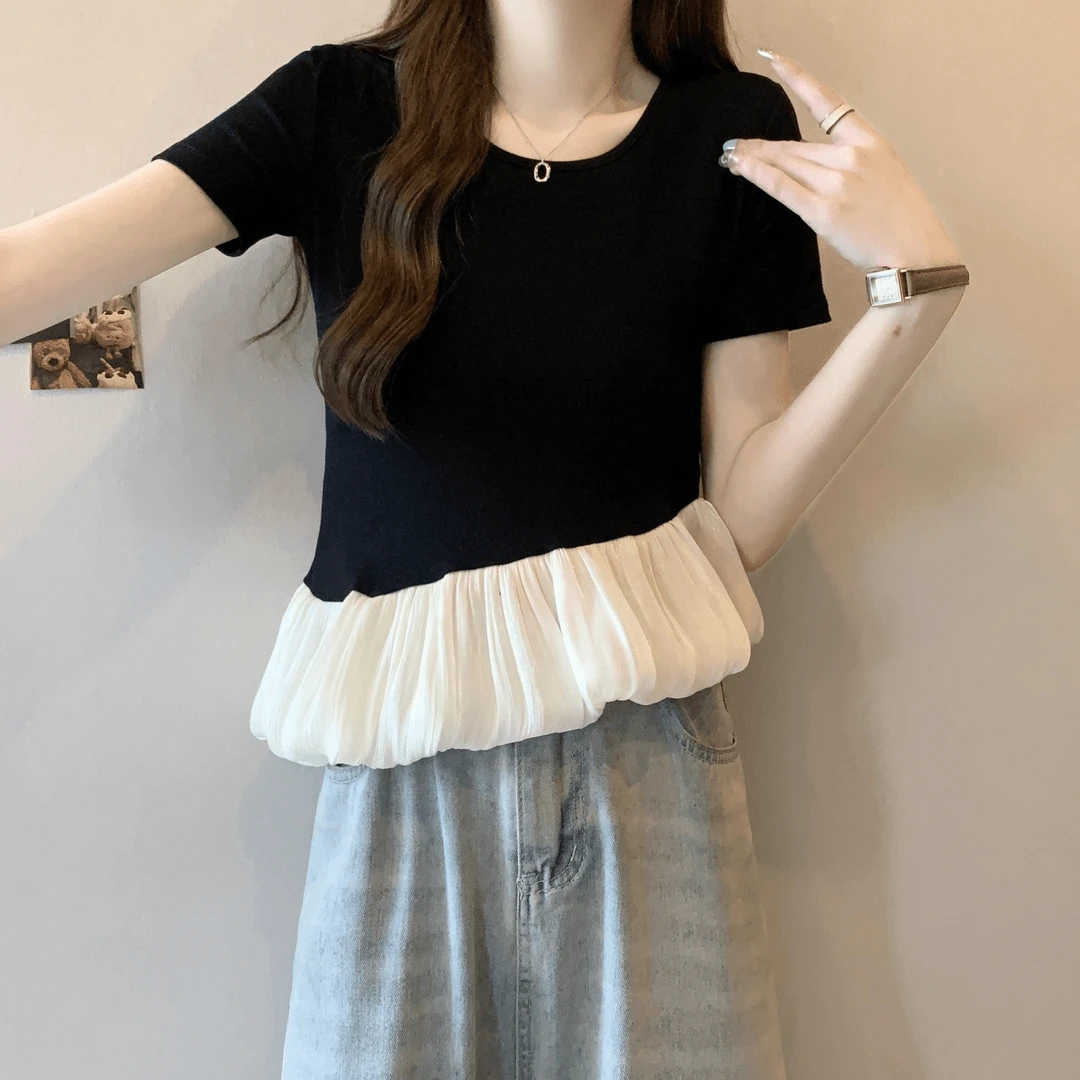 法式别致减龄拼接下摆短袖T恤女夏季设计感小个子短款上衣