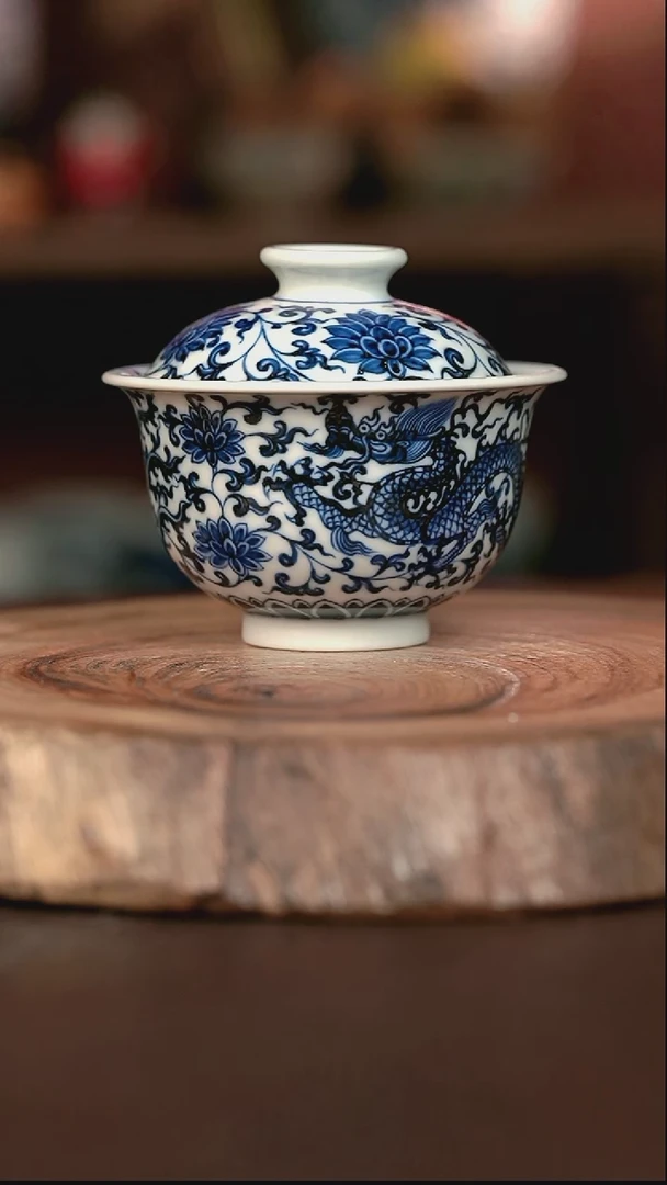 手绘微瑕高温现代瓷  气窑 有暇 缠枝龙凤大布袋150C