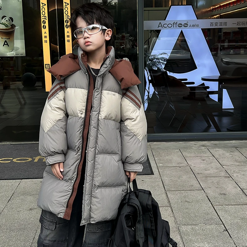 儿童羽绒服中长款2024冬季新款韩版拼色洋气中大童装加厚连帽外套