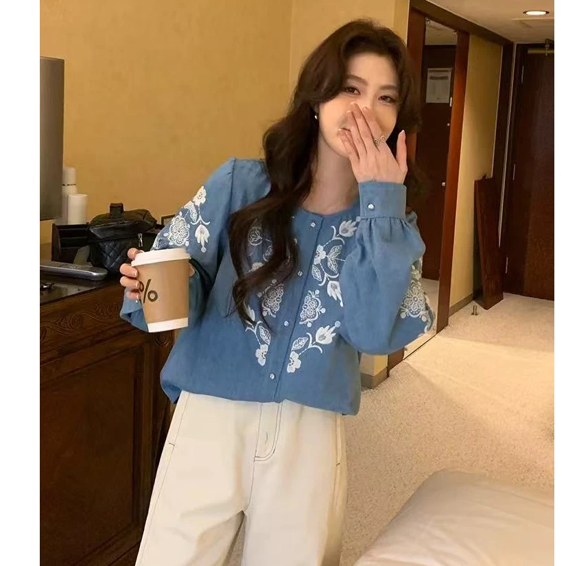 【现货秒发-NAZ微胖大码高端定制】法式气质蓝色刺绣长袖衬衫