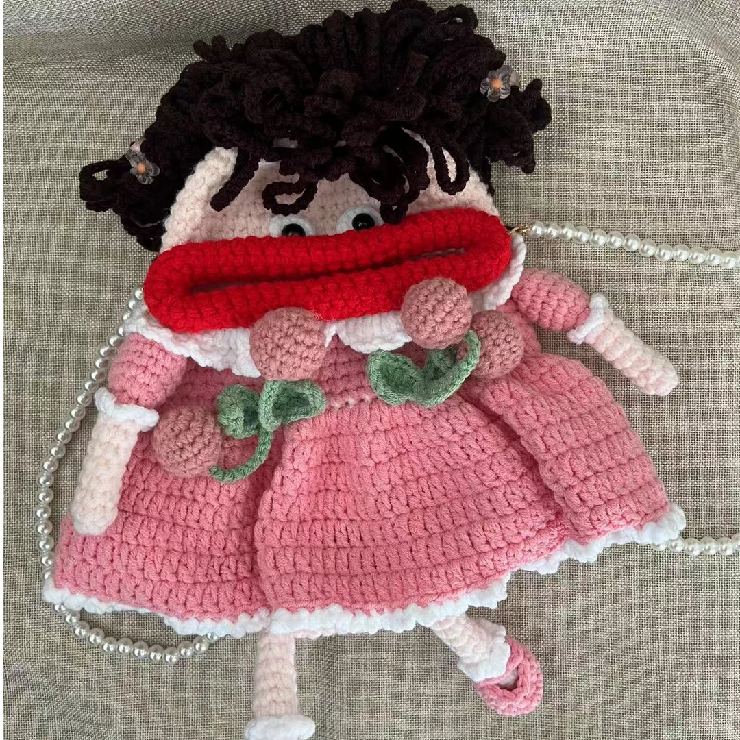 【成品】编织挂脖大嘴手机包毛线编织樱桃妹丑萌ins大嘴斜挎包