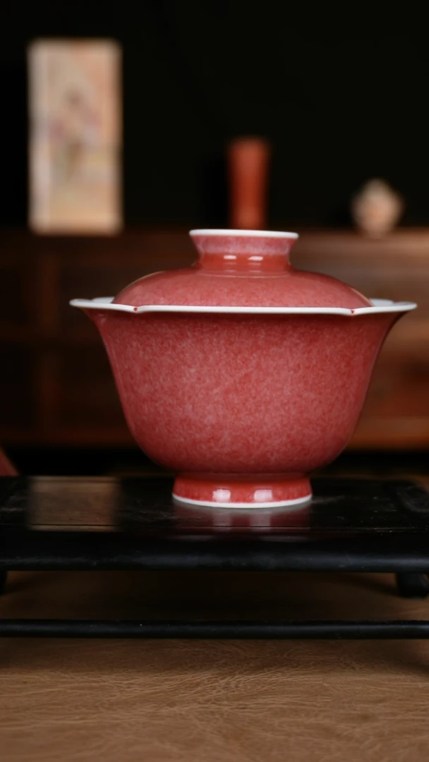 盖碗豇豆红景德镇纯手工陶瓷