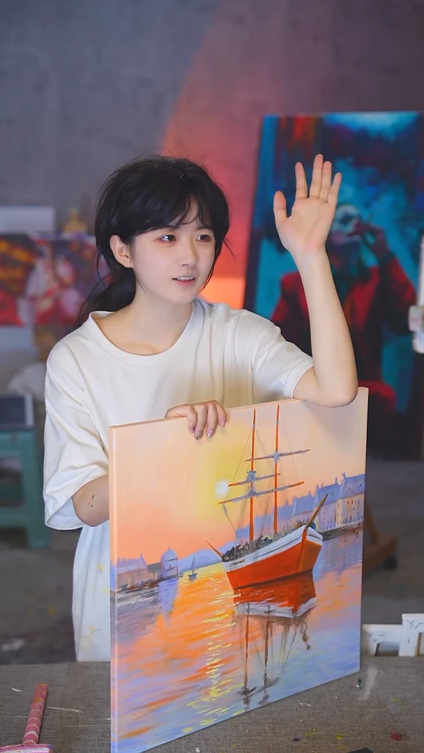 油画中****粉帆船丙烯画纯手绘