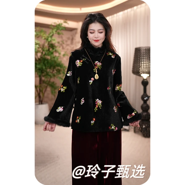 玲子自制（百花齐放）兔毛！原版！新中式国风气质加绒重工刺绣上衣