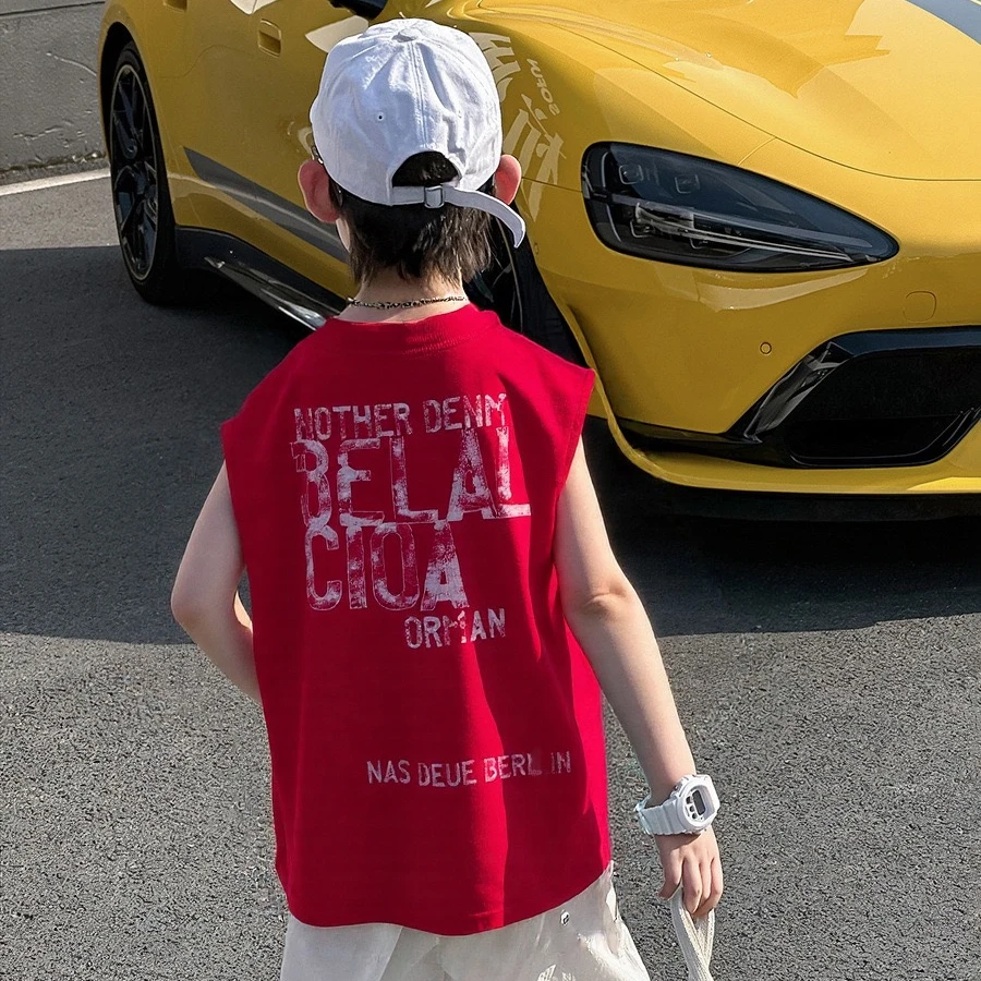 男童T恤2025夏季新款儿童百搭宽松休闲纯棉无袖坎肩上衣韩版潮帅