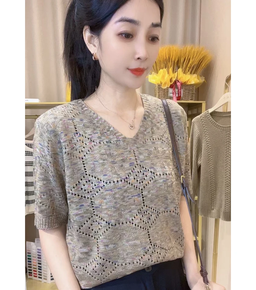 【幻彩星空】米字V领短袖套头衫气质百搭宽松显瘦夏季针织上衣
