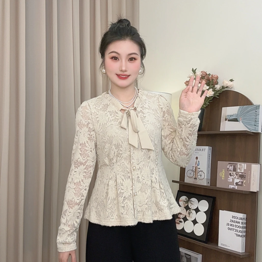 小个子长袖蝴蝶结蕾丝衫女2025秋冬新款洋气百搭打底上衣
