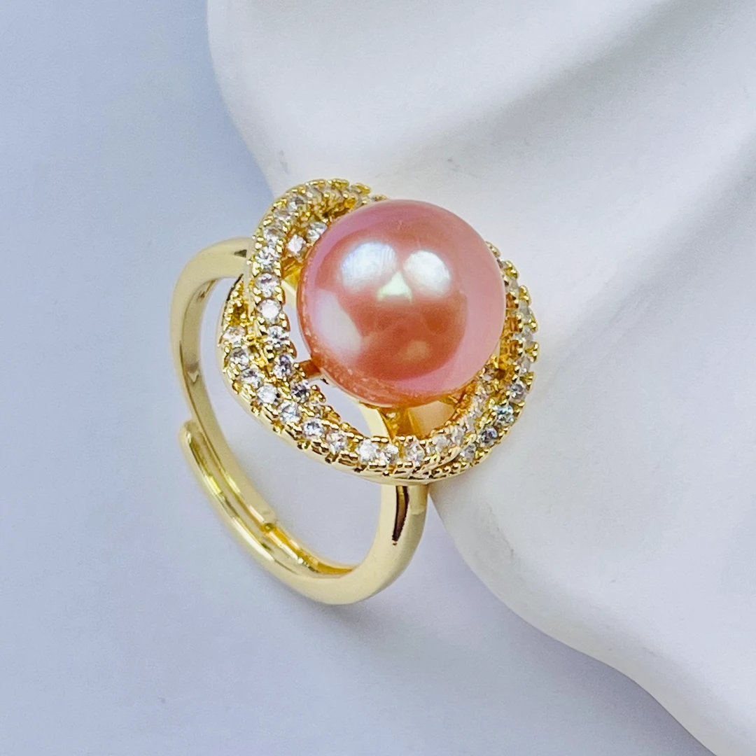 572 / 爱迪生粉色珍珠戒指 满钻豪镶 活口可调节