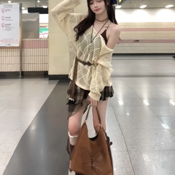 韩系镂空慵懒名族风宽松休闲百搭针织衫荷叶边蛋糕半身裙三件套装