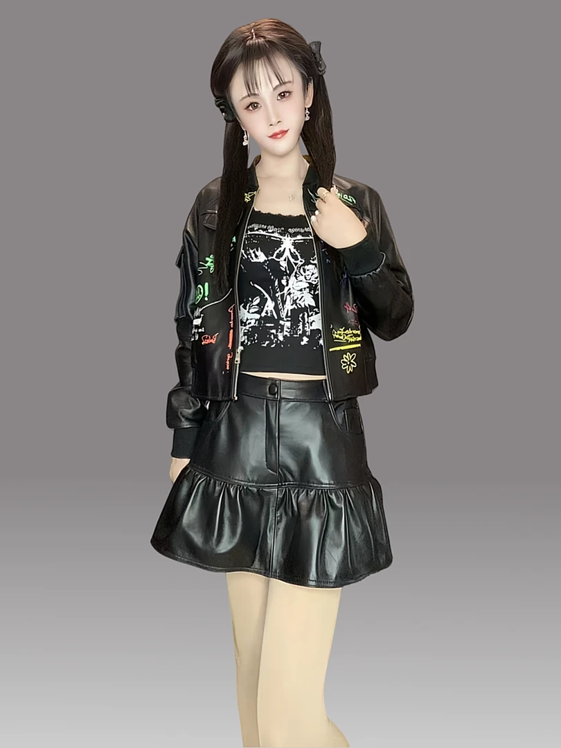 新款黑色棒球服真皮皮衣女短款涂鸦显瘦绵羊皮机车服手绘时尚潮流