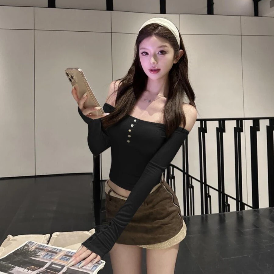 美式辣妹一字肩长袖T恤女秋季气质短款修身显瘦上衣高腰半身裙子