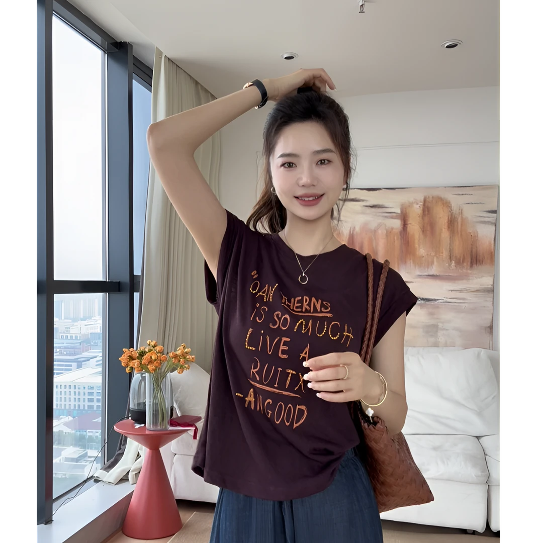 【余欢欢】夏季休闲百搭圆领飞飞袖钉珠字母T恤-YHW50539