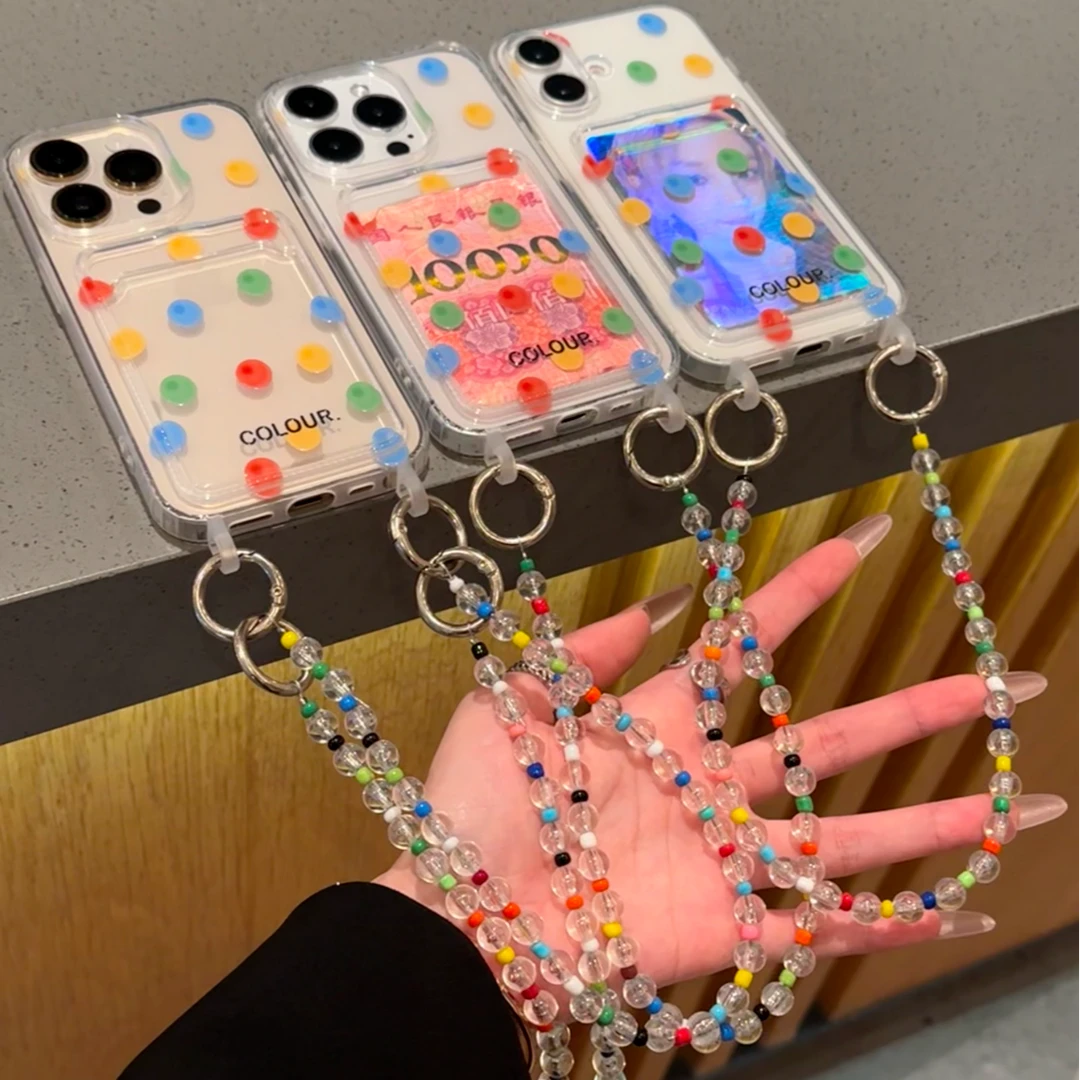 新款透明彩色波点适用苹果16卡包壳手机壳华为vivo小米oppo套防摔