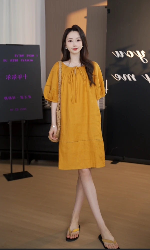 【远哥专属】【纯麻】2025新款夏季减龄显瘦宽松气质连衣裙时尚灯笼袖