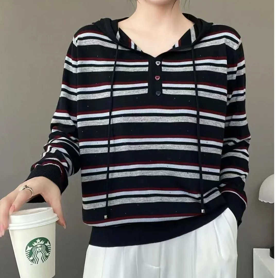 针织女毛针织衫女款秋冬针织帽衫毛衣显瘦条纹套头