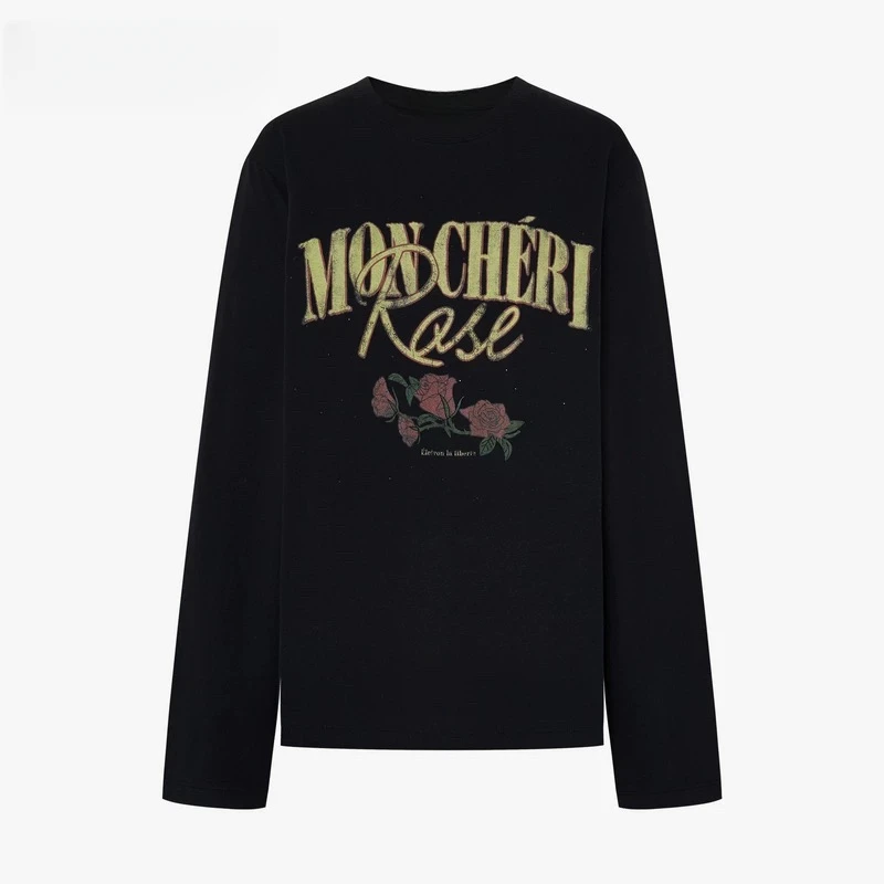 【玫瑰印花】T恤2025秋新品棉质斑驳玫瑰印花烫钻宽松长袖圆领9612