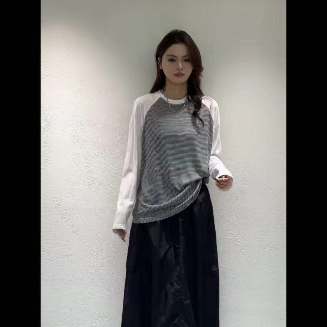 AR粉丝内购会-2025夏季新品条纹拼接时尚长袖T恤【R-6494】