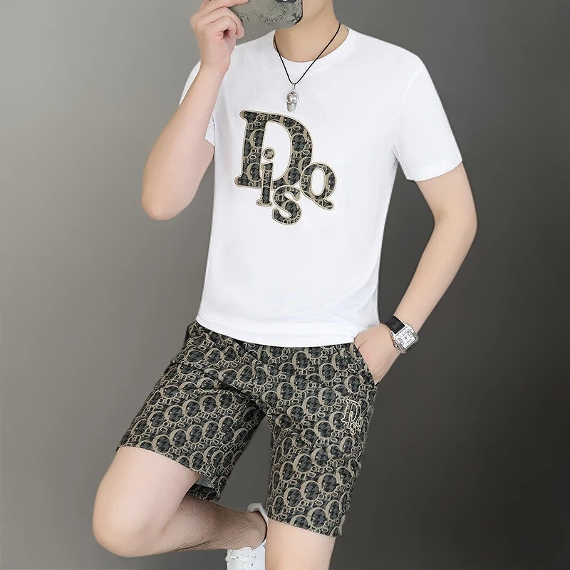 欧洲站轻奢印花休闲套装男夏季新款潮流短袖短裤男士冰丝两件套潮