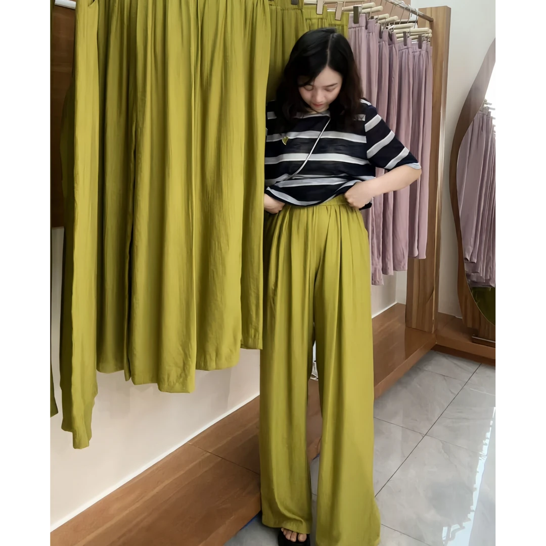 【松紧腰小标阔腿裤】2025夏新款时尚垂感女松紧腰宽松直筒裤子