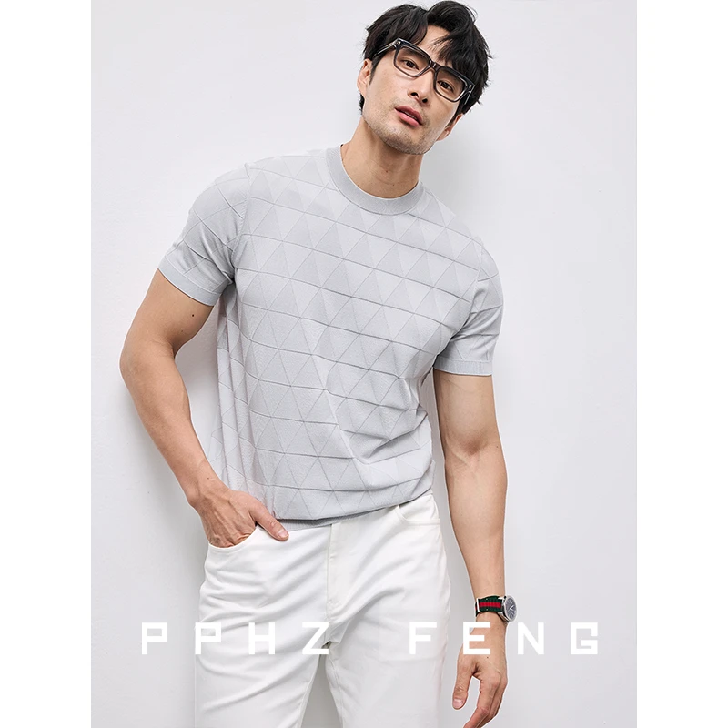 三角美学 高端日本冰丝3D肌理提花针织弹力抗皱夏季圆领短袖T恤男
