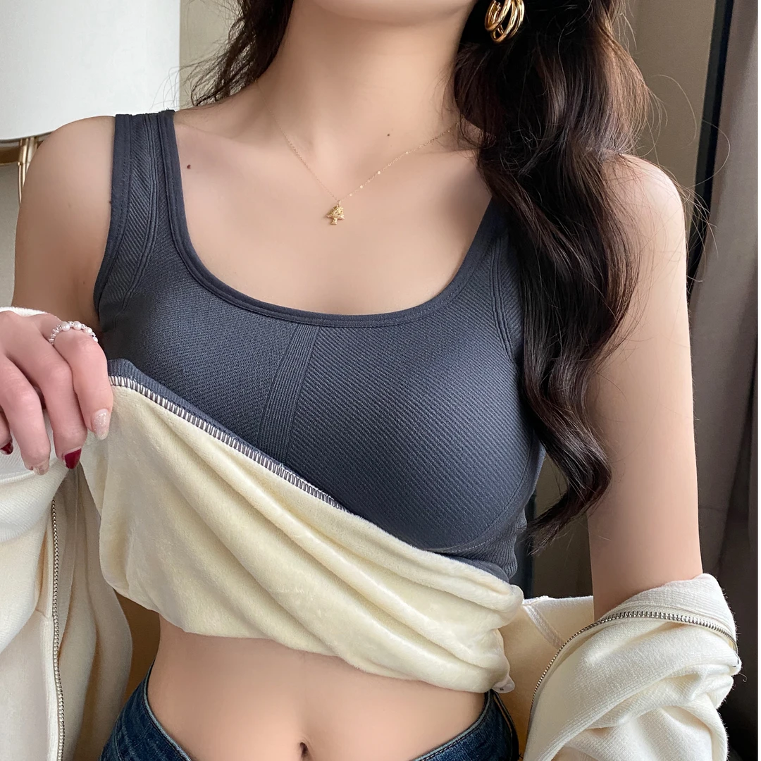灰色加绒加厚保暖背心带胸垫女内搭冬新款德绒吊带打底上衣