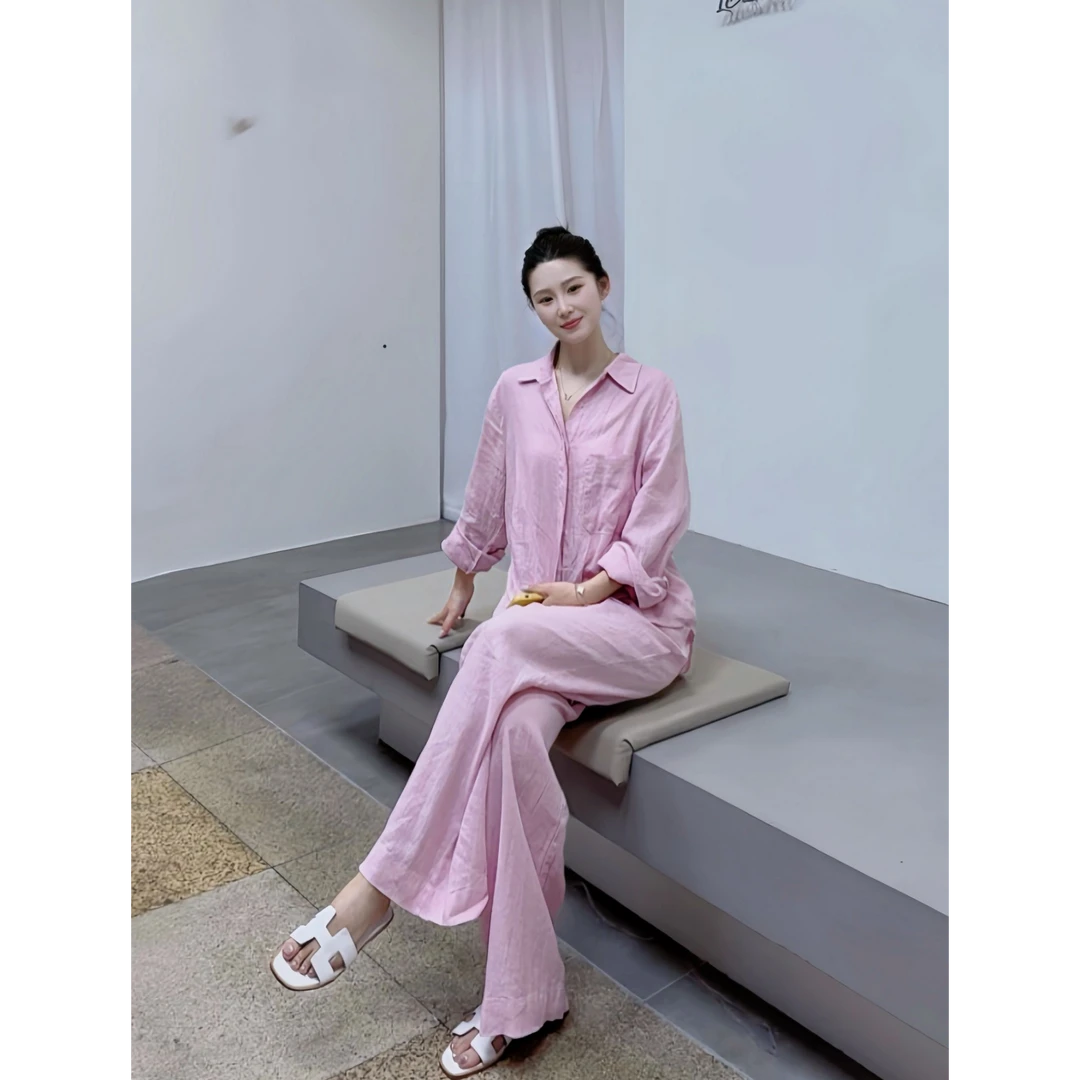 MARYCUI「粉雾玫瑰」尖货！即舒适又高级亚麻衬衫+阔腿长裤套装女