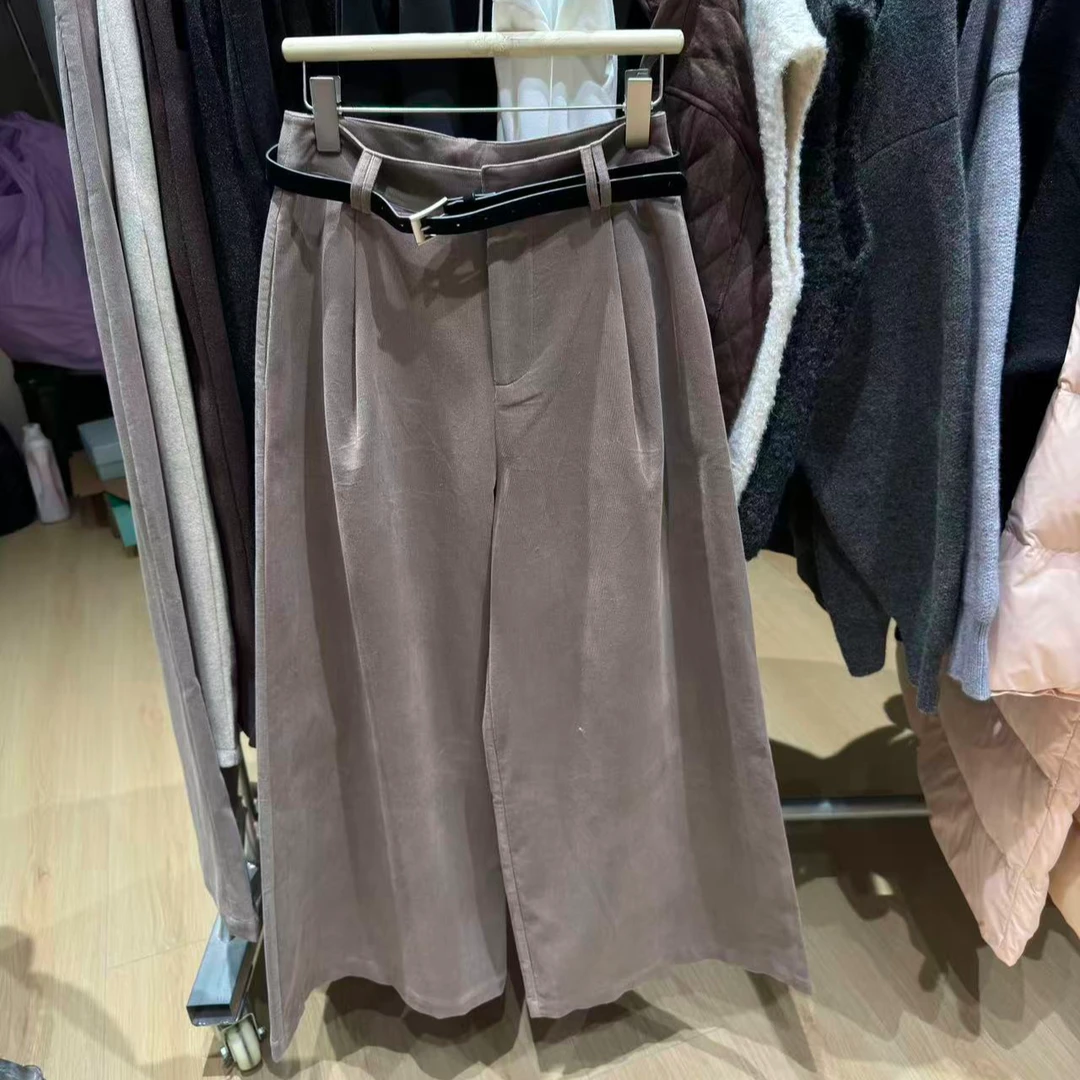 摩卡裤 高腰灯芯绒腰带阔腿裤