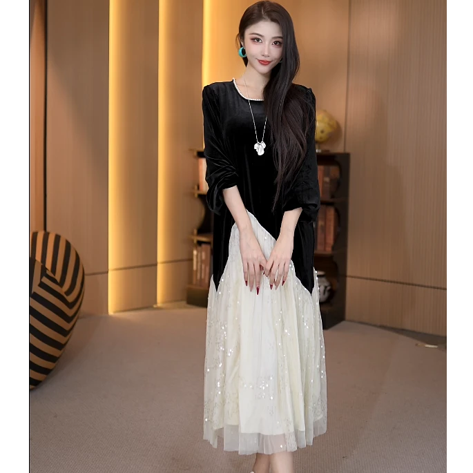 B51651时尚黑色洋气夏季连衣裙女款裙子复古长裙蕾丝显瘦气质长款