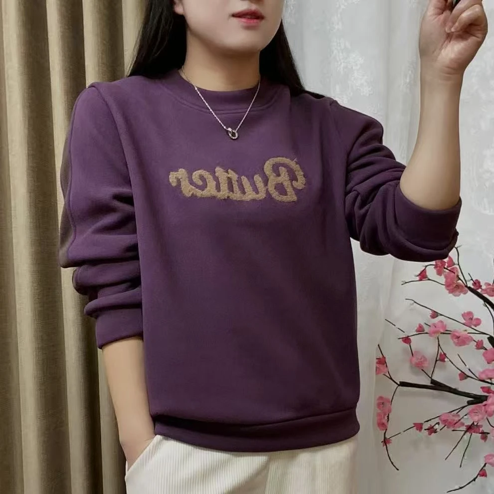 加绒保暖显瘦时尚妈妈卫衣正肩拼接袖洋气减龄宽松半高领女士卫衣