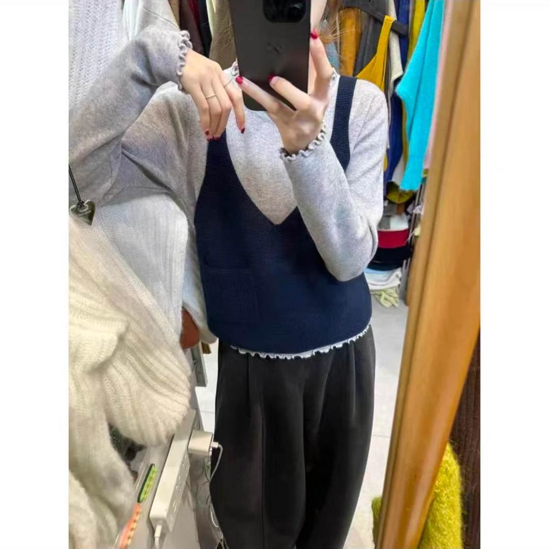 2025秋装大码慵懒风针织马甲打底上衣两件套女高级感好看的套装