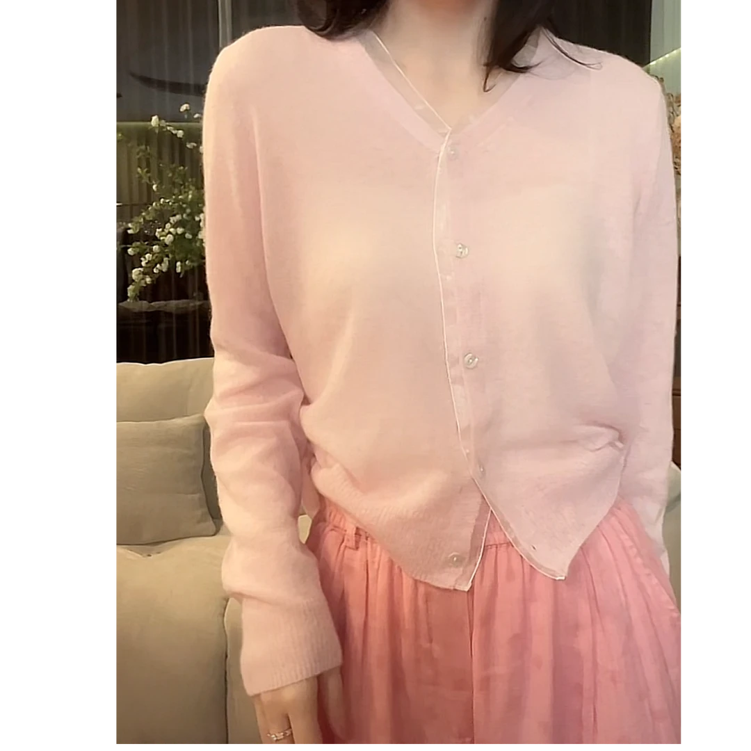 设计感洋气甜美网纱花边V领针织开衫2025新款春夏时尚气高级上衣