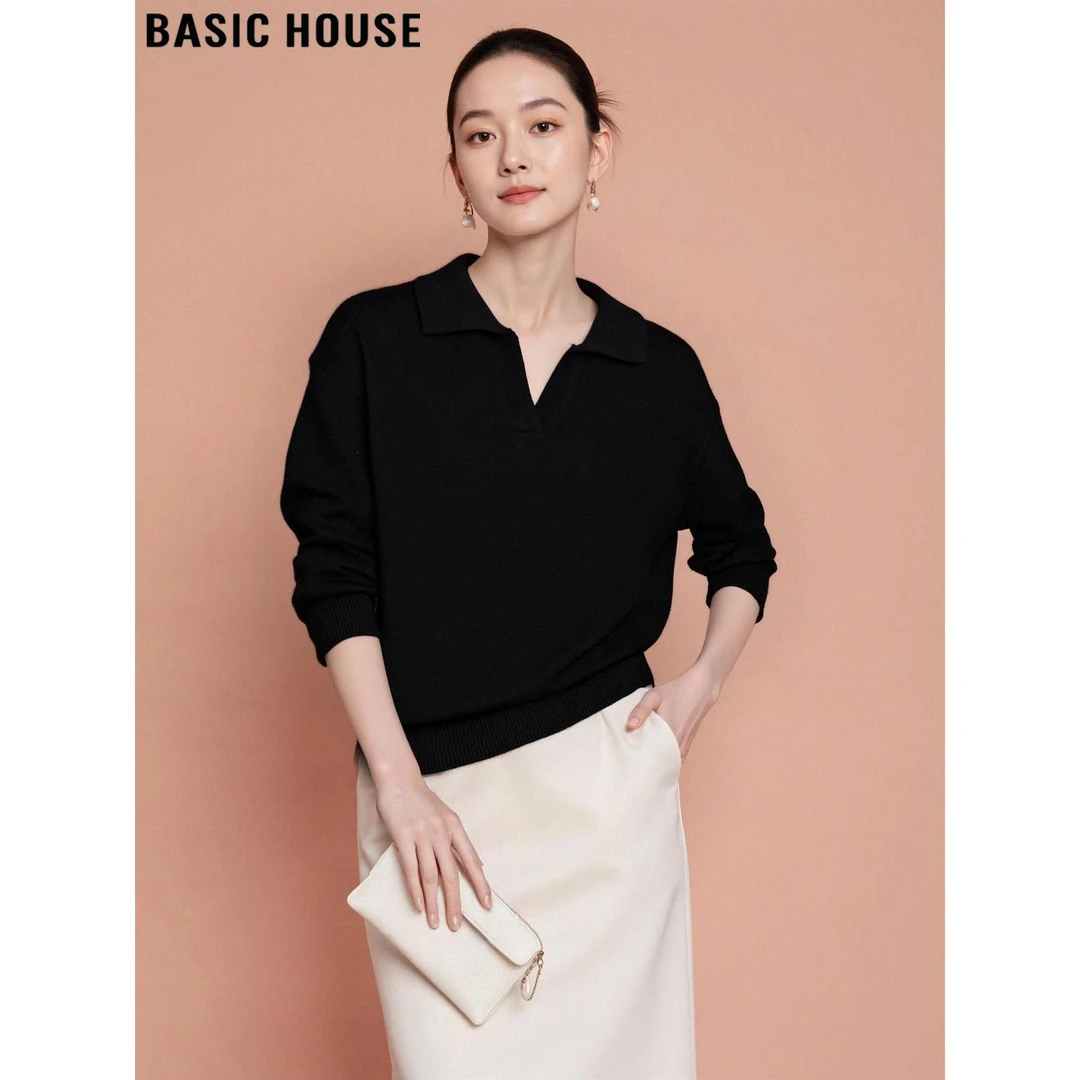 Basic House/百家好气质黑色翻领针织衫女士2025秋冬长袖打底上衣