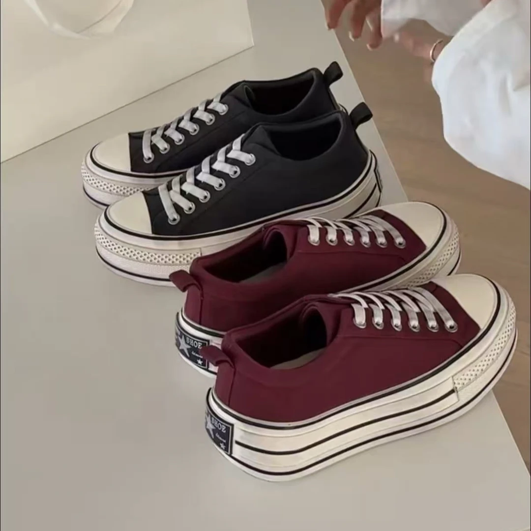 诗歌兰真皮女鞋2025秋新款百搭厚底增高弹力带韩系做旧帆布鞋板鞋