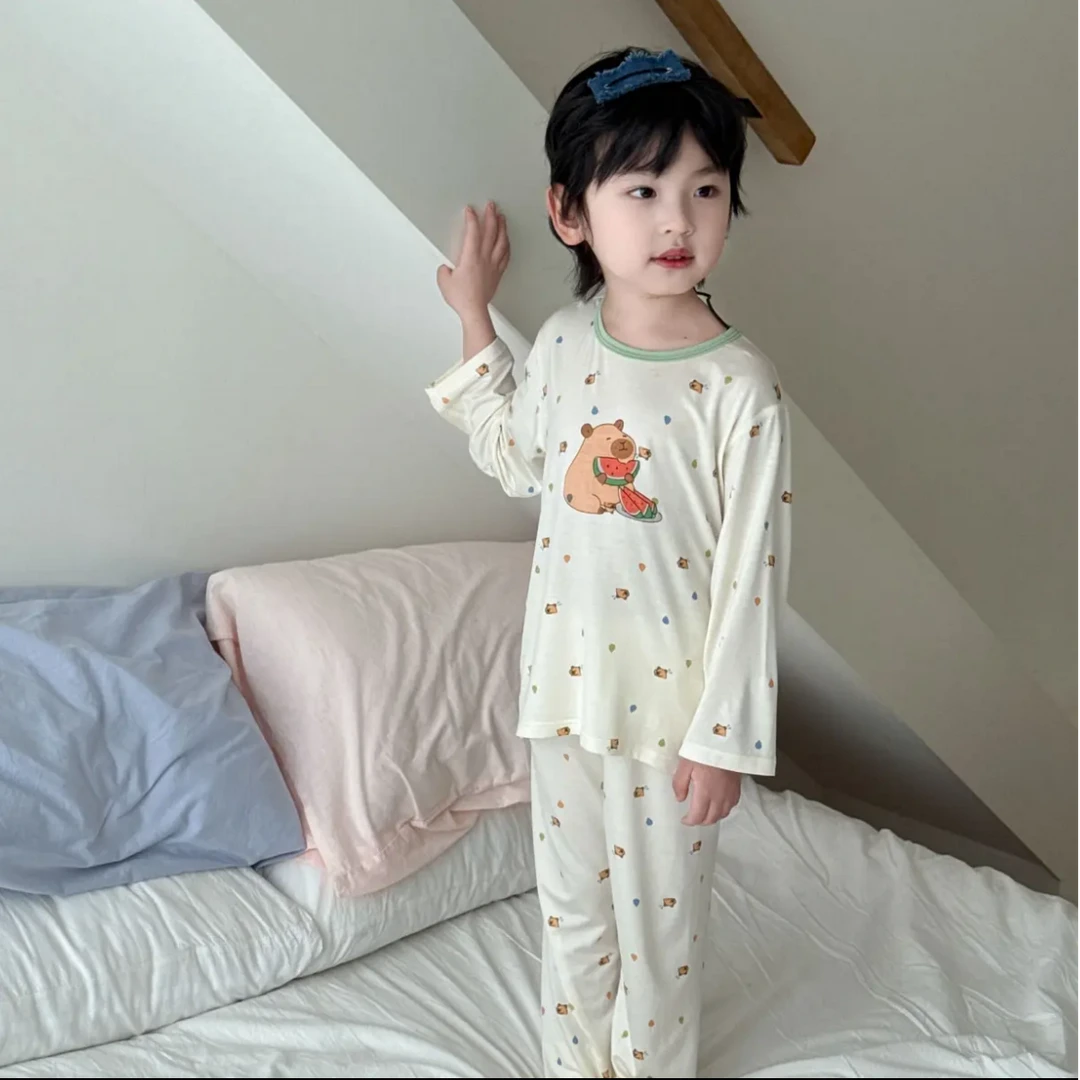 【三】春夏韩版七分袖优可丝莫代尔睡衣套装薄款儿童空调服男童