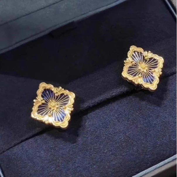 99新 BUCCELLATI/布契拉提 小花林林 opera蓝珐琅大号耳环18K黄金