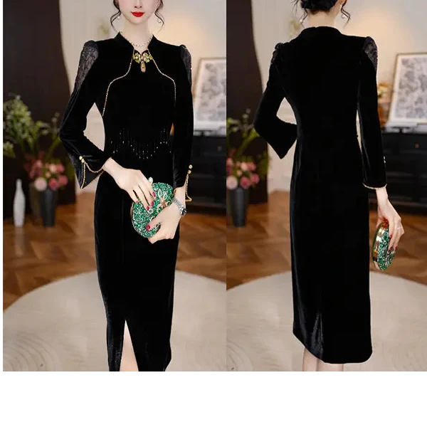 【东方雅韵】2025秋季新款旗袍显瘦洋气减龄轻奢女人味黑色连衣裙DL