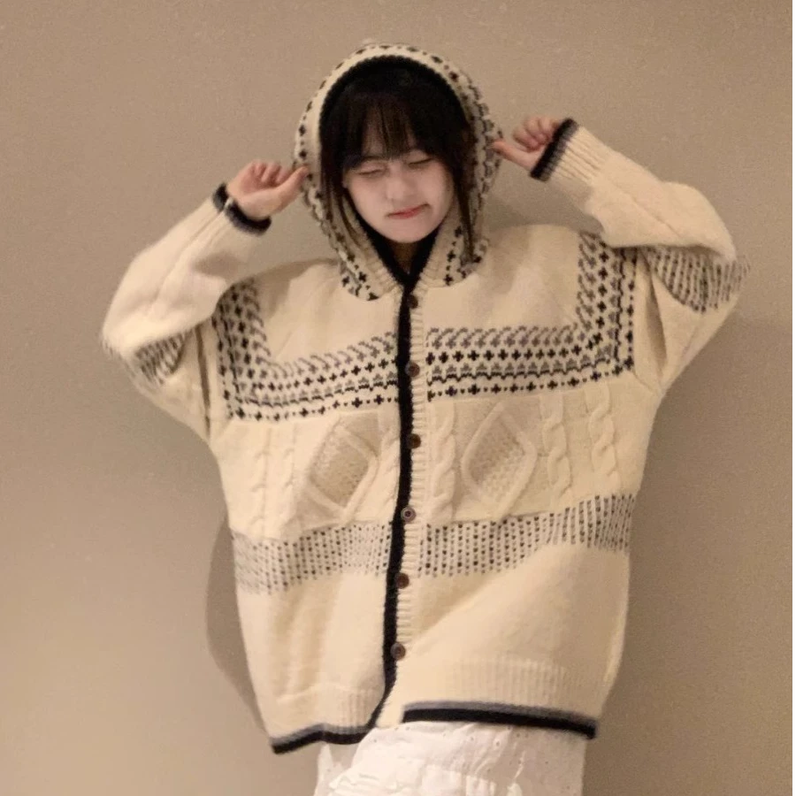 圣诞氛围感提花连帽毛衣秋冬女外套春秋加厚宽松慵懒风针织开衫