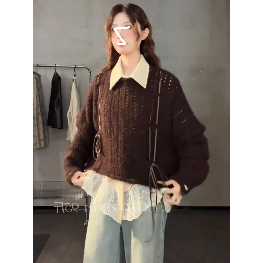 法式设计翻领拼接不规则蕾丝长袖衬衫女秋季显瘦洋气别致叠穿上衣