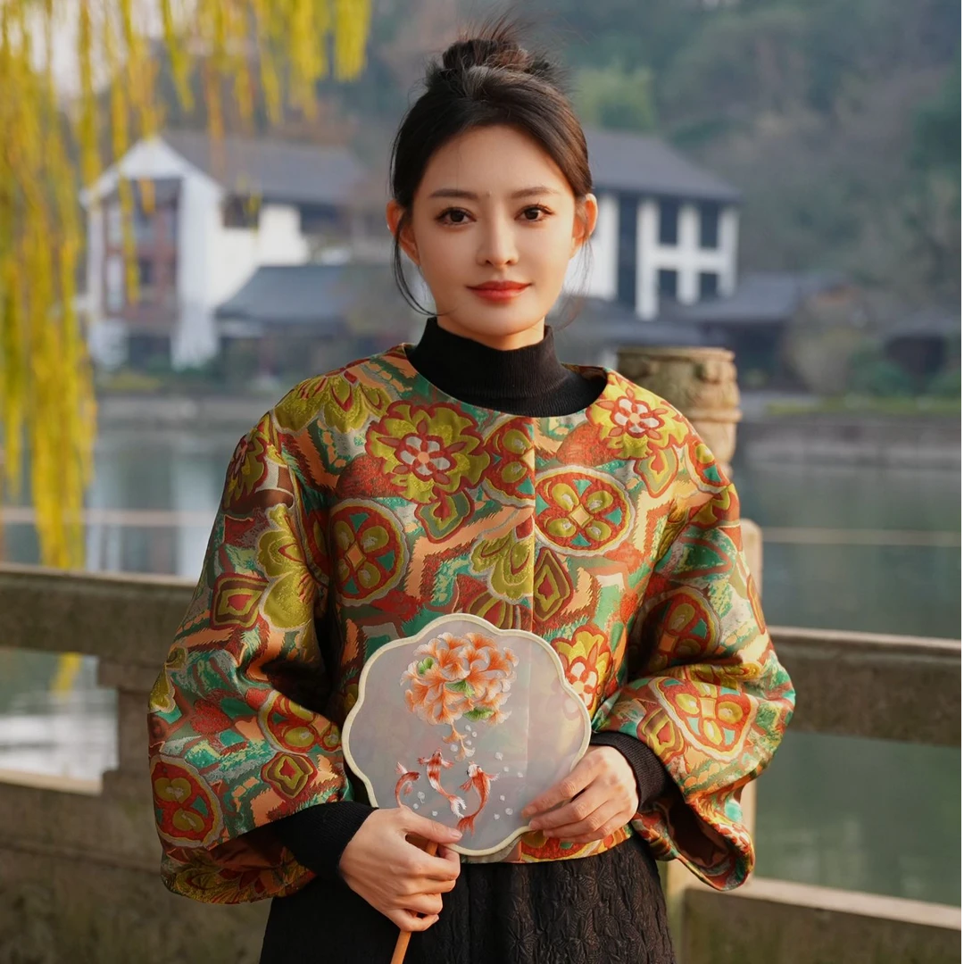 流金岁月新款时尚气质提花新中式花苞上衣