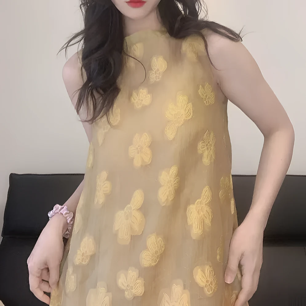 网红吸汗设计感无袖夏季花色斜领连衣裙拼接ins夏装薄款休闲时尚