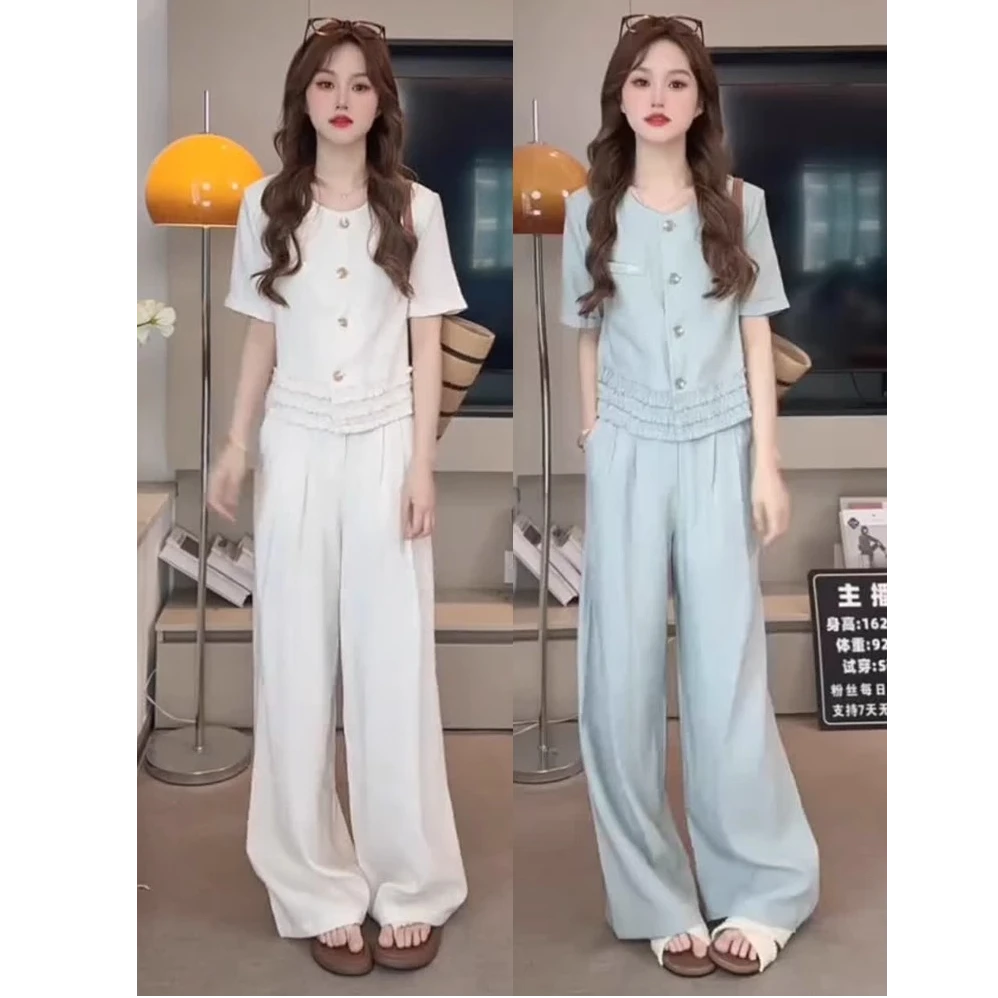 时尚洋气小香风套装女2025夏季新款气质百搭圆领短袖阔腿裤两件套