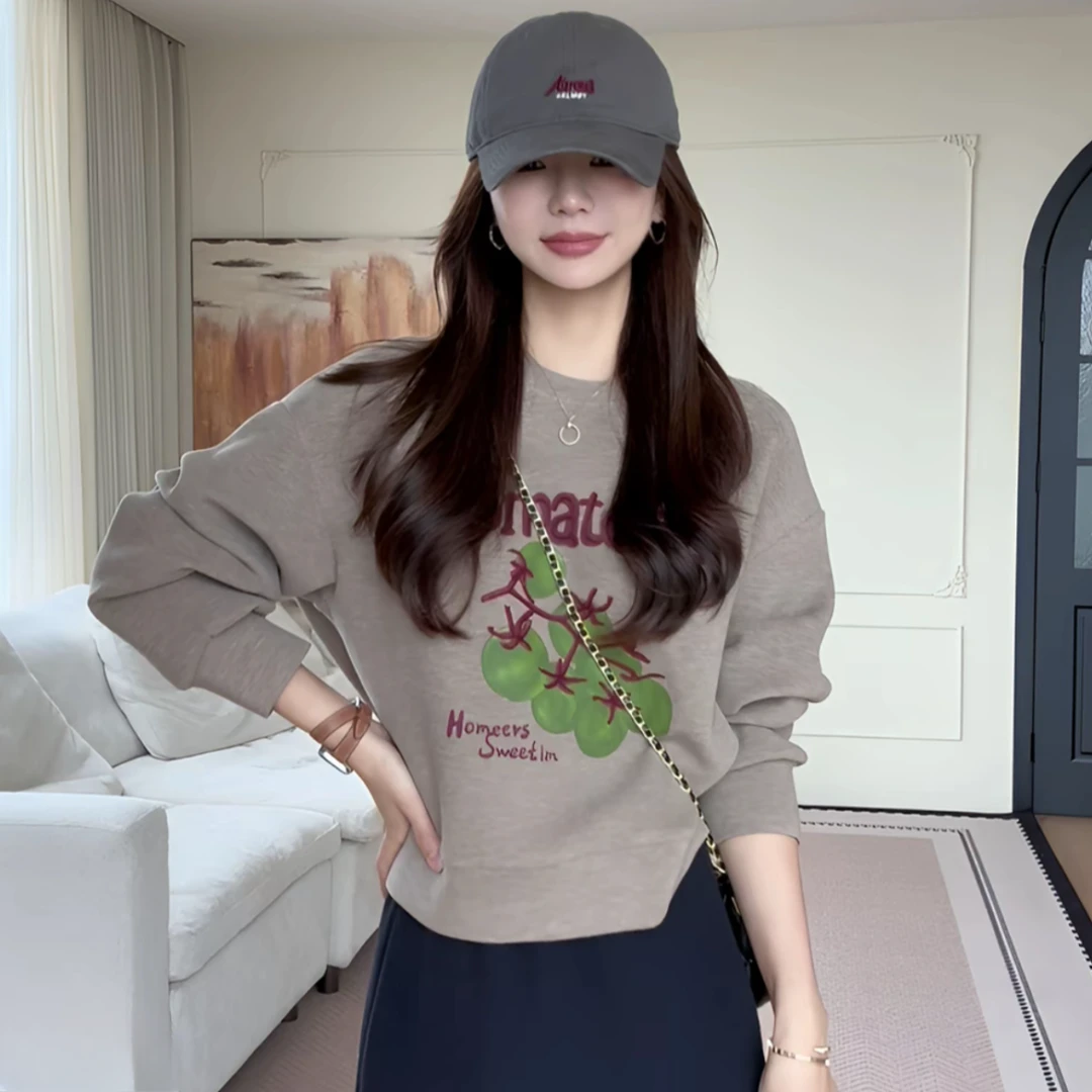 慵懒风时尚套装2025秋冬新款韩版休闲番茄刺绣圆领卫衣高腰半身裙