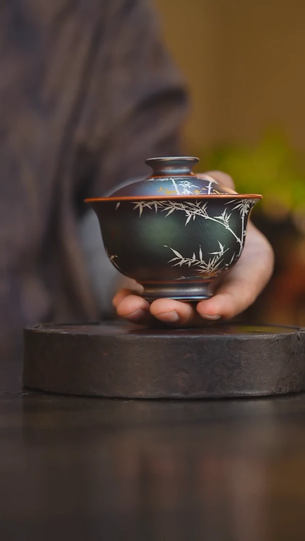 106柴房陶瓷柴烧影竹盖碗