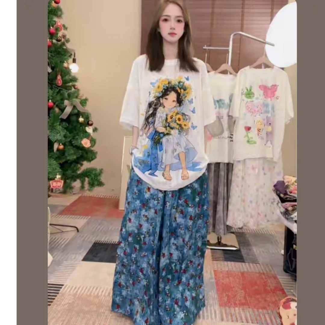 大码套装向日葵女孩休闲宽松磨破工艺AB面短袖阔腿裤套装