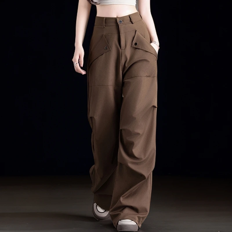 美式复古卡其色工装裤阔腿裤女士新款裤子宽松休闲直筒裤高腰显瘦