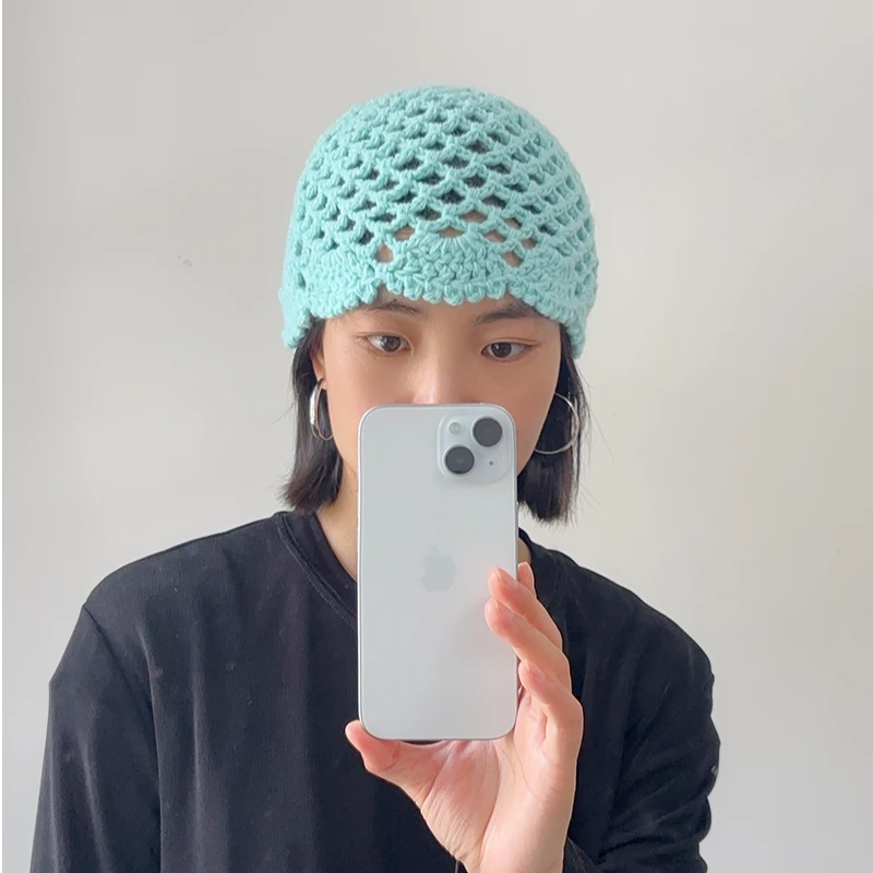 韩版纯手工钩针镂空包头女初秋新款甜美显脸小针织套头帽子女潮