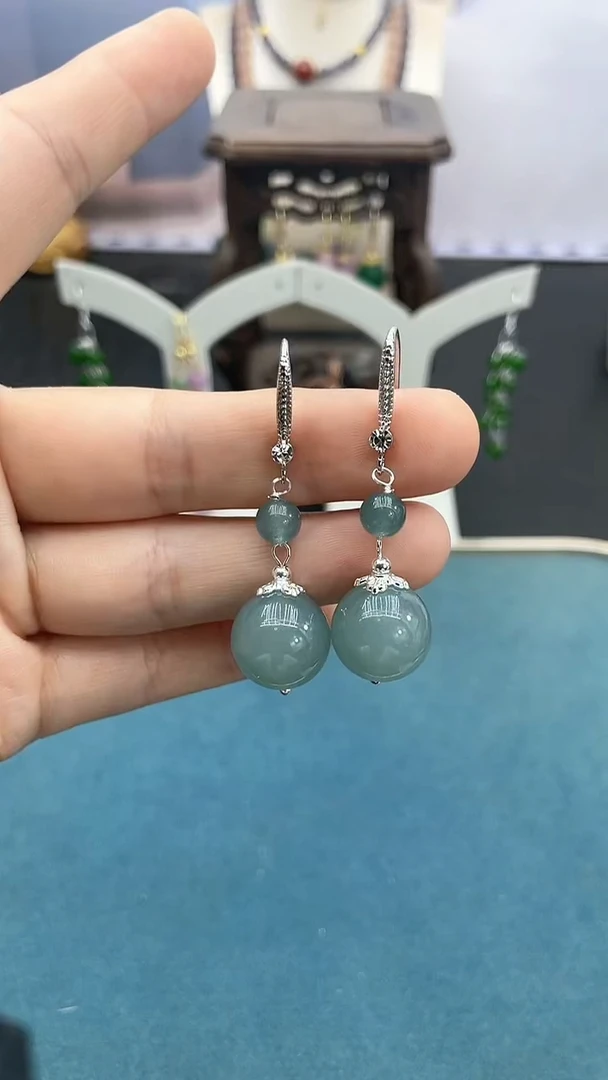 翡翠银S925镶嵌耳饰14mm蓝水双珠