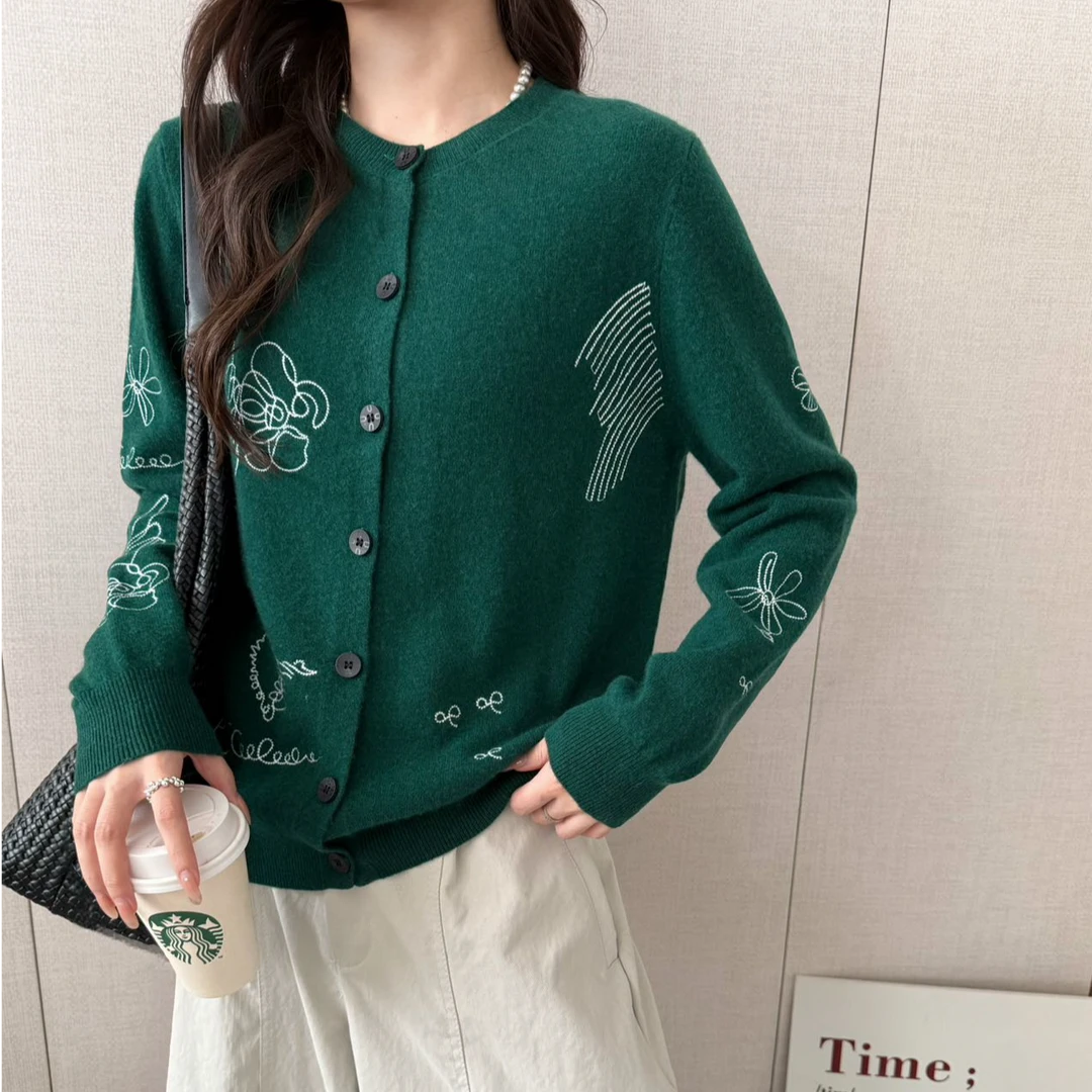 兰嫣｛开衫绣花｝韩系ol气质秋冬时尚重工提花纯毛圆领长袖开衫6811